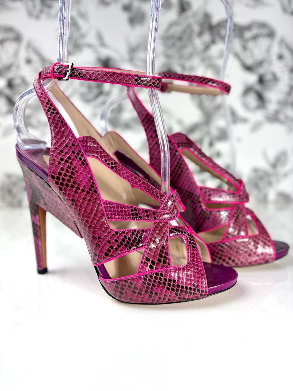 Nicholas Kirkwood Purple/Pink Snakeskin Cross Strap 5” Stiletto Sandals, Sz 39